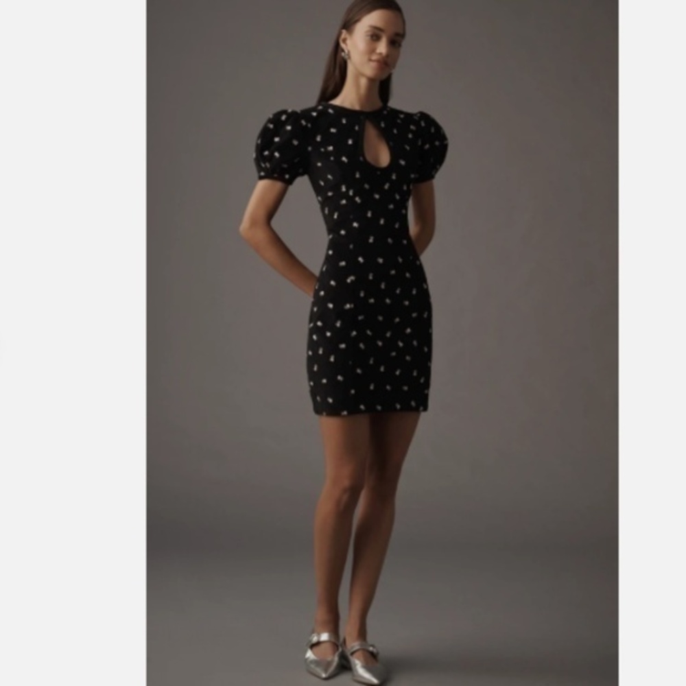Maeve Anthropologie Black Rosette Embroidered Keyhole Puff Sleeve Dress 2